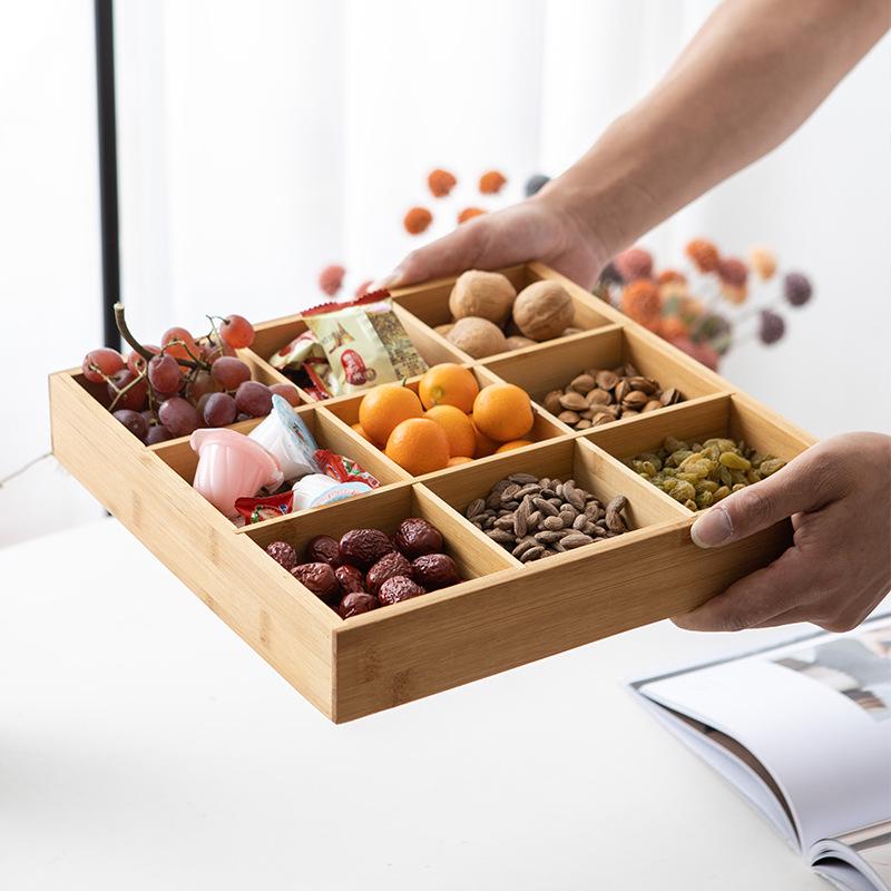 Nanmu Bamboo Nine-Grid Snack & Fruit Storage Box with Healthy Compartments