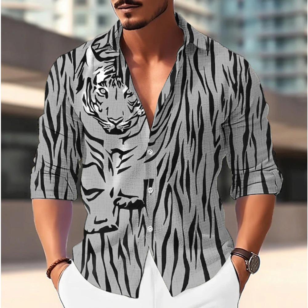 Men's Tiger Printed Long Sleeve Shirts Casual Cardigan New Button Holiday Fashion Shirts