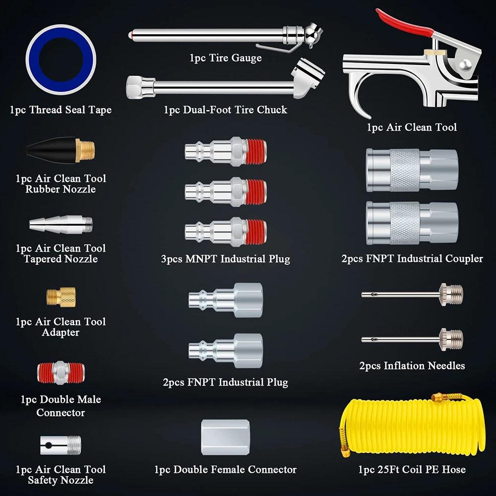 

20pcs Air Compressor Accessory Kits Nozzles Set 1/4in Male Thread Plugs Adapter 25Ft Recoil Hose Air Compressor Hose Tube Gun жовтий