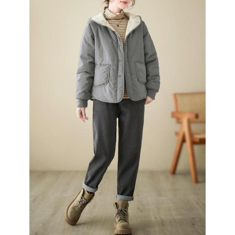 Hooded Windbreaker Jacket Autumn Winter Women Loose Casual Thickened Solid Color Cotton Velvet Coat