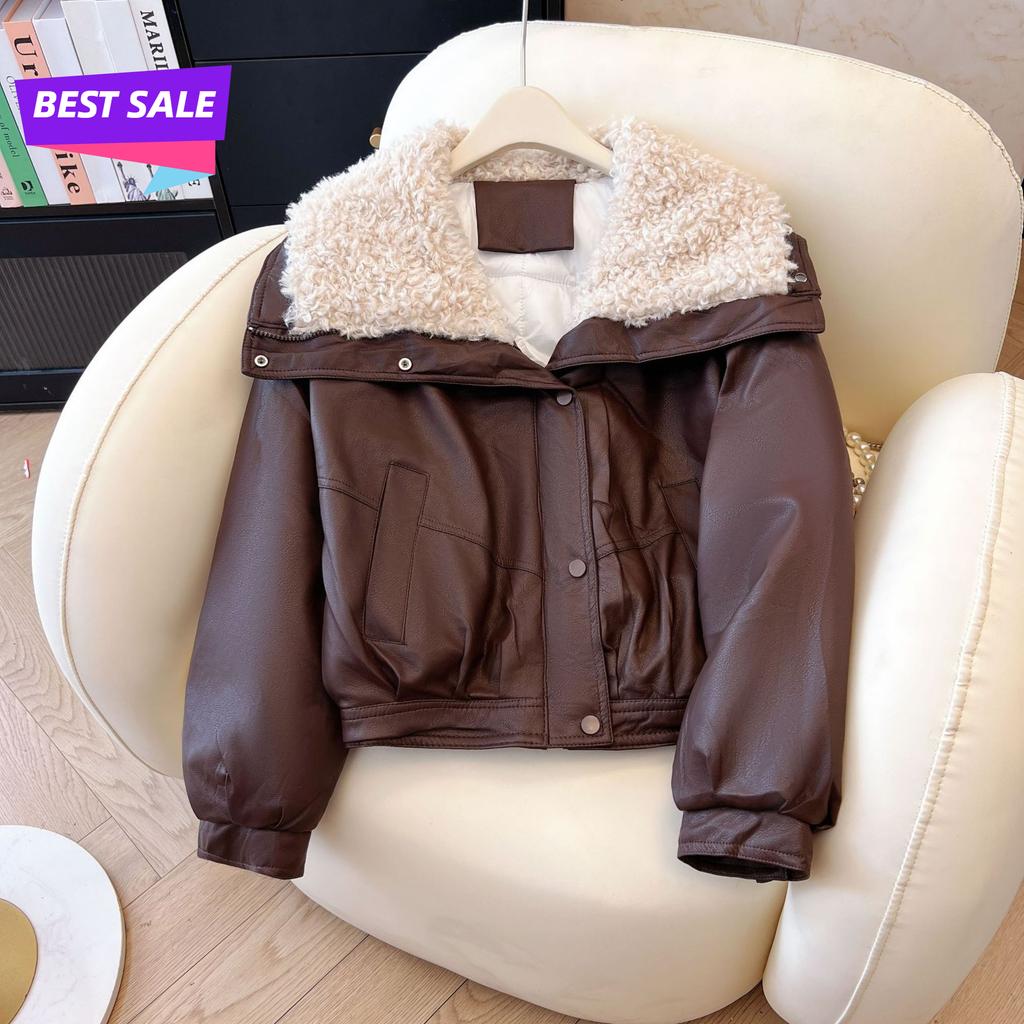 Lamb Wool PU Leather Solid Color Jacket  Korean Version of Down Cotton Thick Loose Cotton Jacket