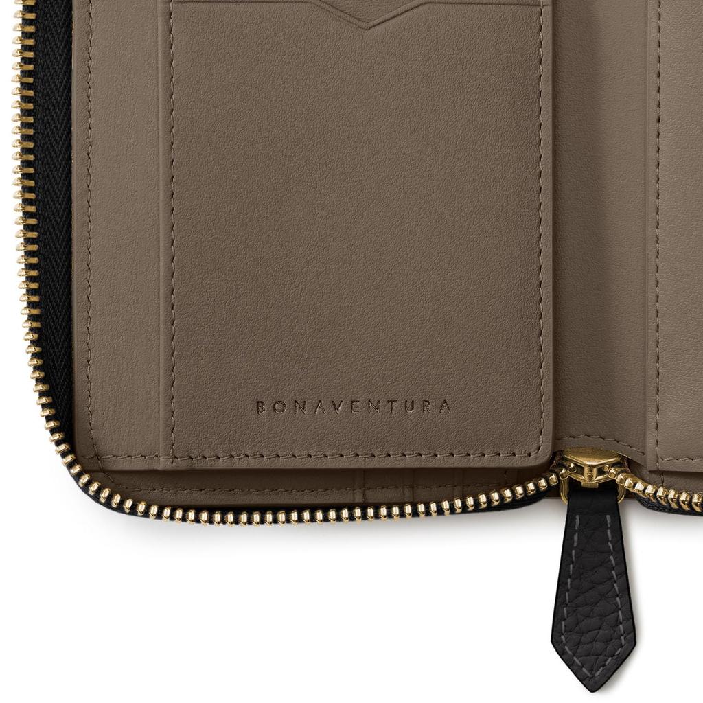 BONAVENTURA Medium Functional Zip Wallet In Shrink Leather by Revise X Made with the Finest European A Perfect [Black Etoupe]. Leather. Gift.