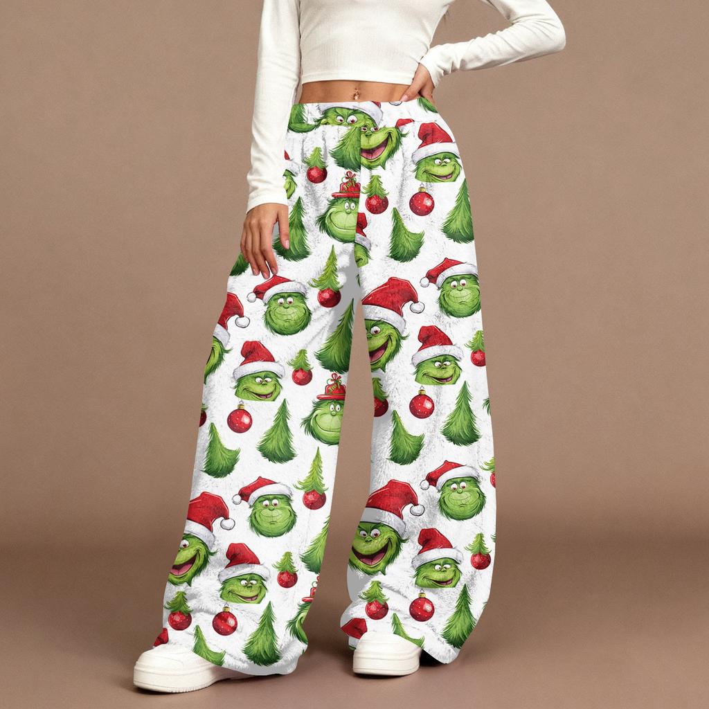 Women's Casual Fashion Christmas Print Elastic Waist Loose Plush Wide Leg Pants