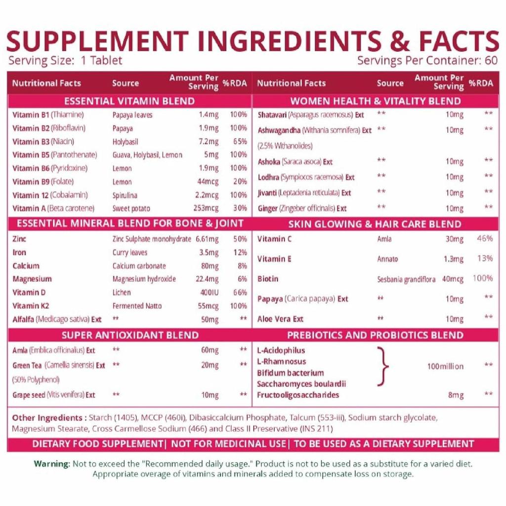 Vlado’s Himalayan Organics Multivitamin With Probiotics for Women 60 Veg Tablets Energy Immunity Hair Skin Bone Support