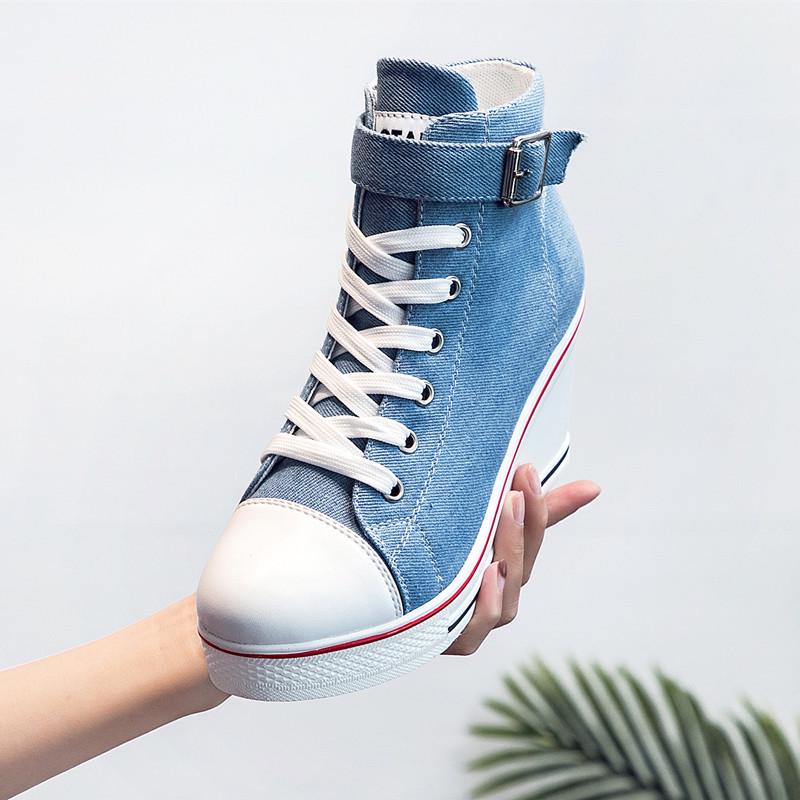 Pantofi cu pană din pânză high top pentru femei Pantofi cu șireturi din denim până la gleznă pentru femei Pantofi din pânză pentru gleznă pentru doamne Adidași cu toc de 8cm pentru femei