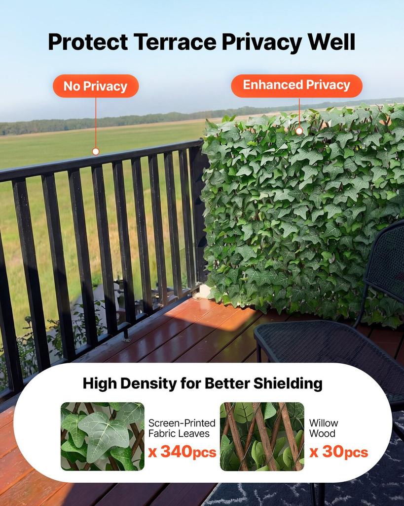 Expandable Fence Privacy Screen, 63.5 x 320 cm Expand Artificial Plant Wall, Realistic Artificial Ivy Panel with 50 Zip Ties, Decorative Faux Greenery