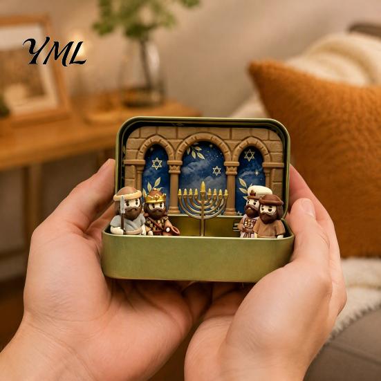Religious Home Decoration Hanukkah Miniature Diorama Scene Box, 3D Printed Pocket Figurine Set with Decorations Storage Case, Menorah Micro