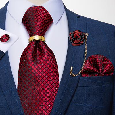 Herren-Krawatte mit Blumen-Quasten-Brosche, rote Paisley-Seidenkrawatte, Einstecktuch-Manschetten-Set für Geschäftsparty