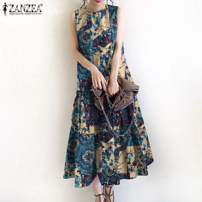 Women Casual O-neck Sleeveless Summer Print Tank Dress