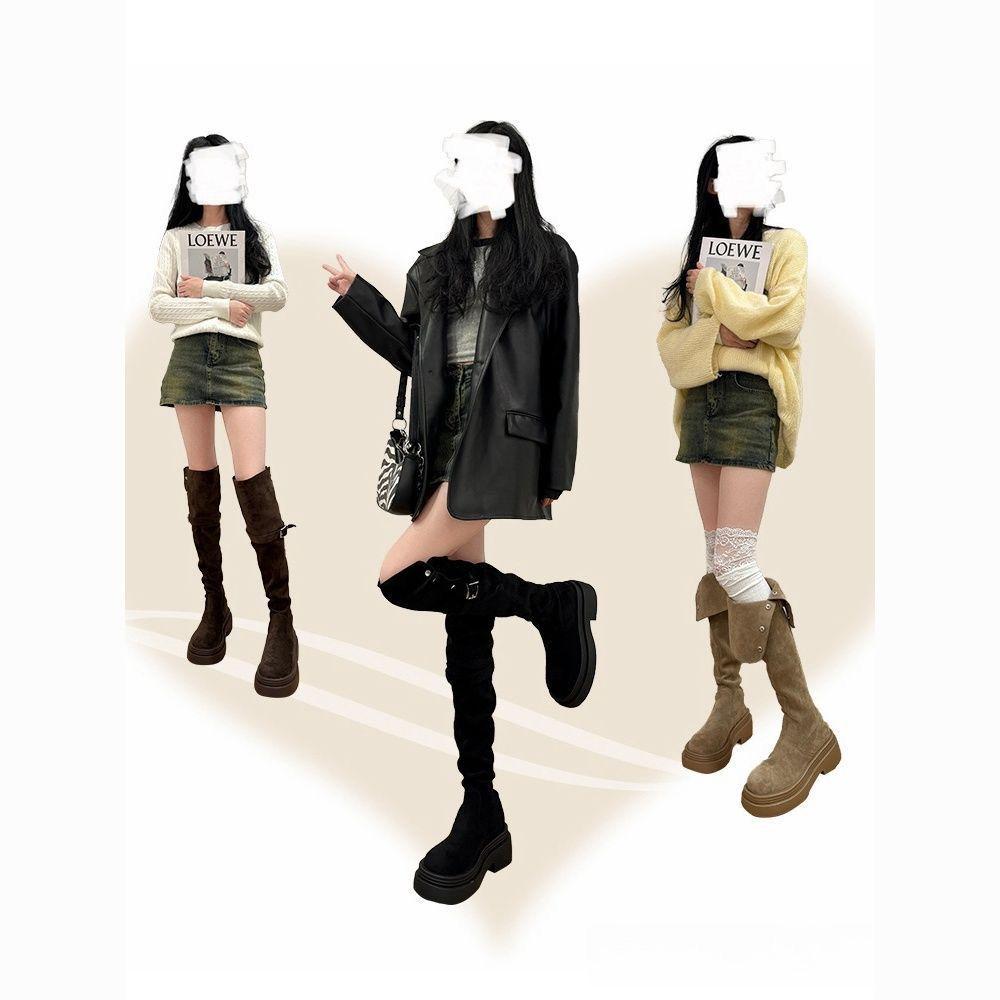 2025 Autumn/Winter Women's Chunky Heel Knee-High Foldable Boots