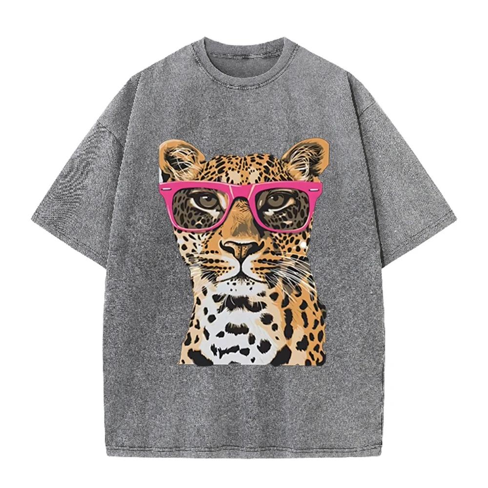 2026 Vintage Washed Black Cool Leopard With Pink Glasses Graphic T Shirt Animal Retro Print Oversized Men Casual Streetwear Shor