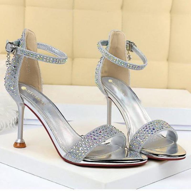 Fashion Rhinestone High Heels Women Pumps Sexy Kitten Heels Party Shoes Open Toe Women Sandals Heel Stiletto Wedding Sandalias De Mujer