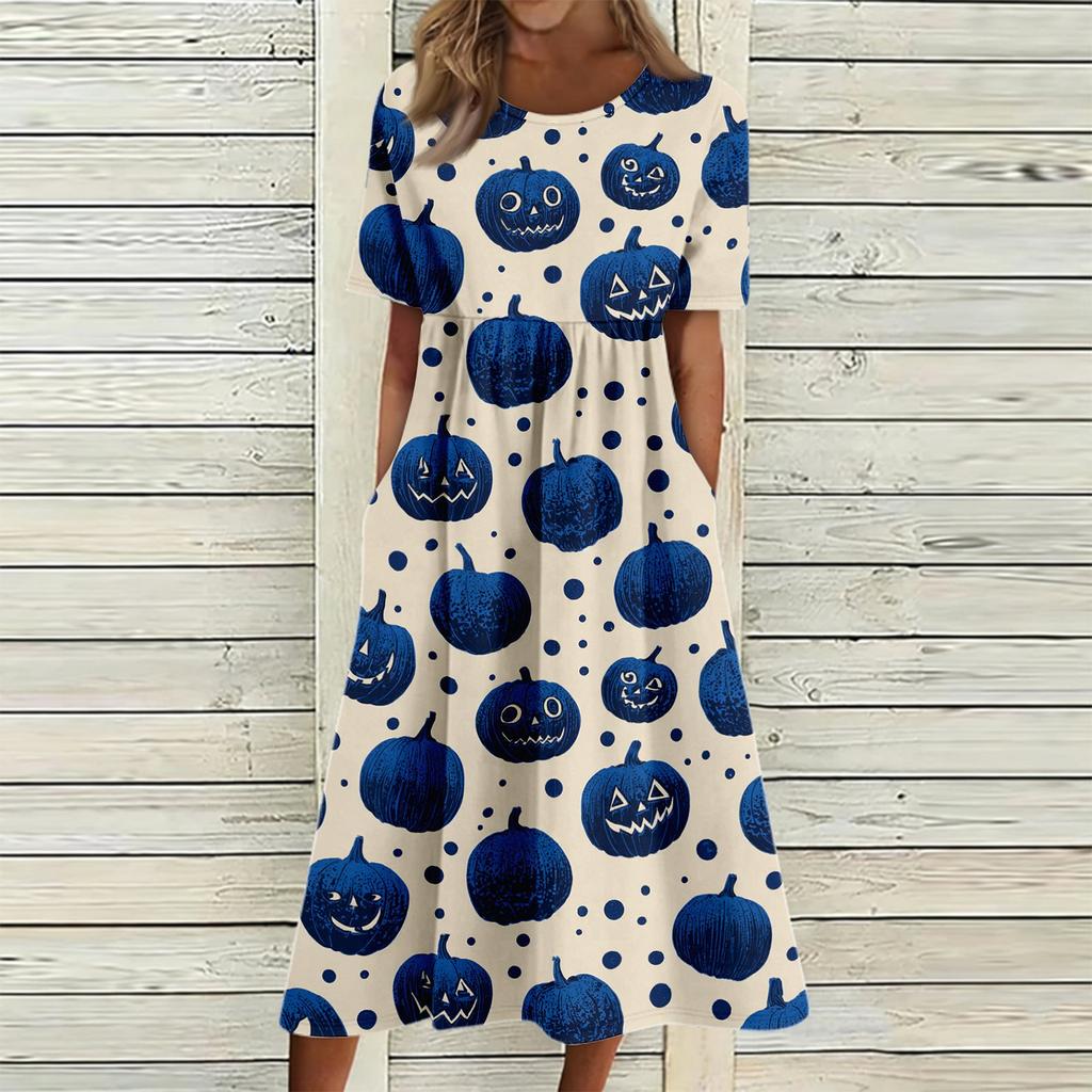 Women Casual Halloween Print Dress Short Sleeve Round Neck Pocket Midi Dress Loose Fit Comfortable Everyday Wear