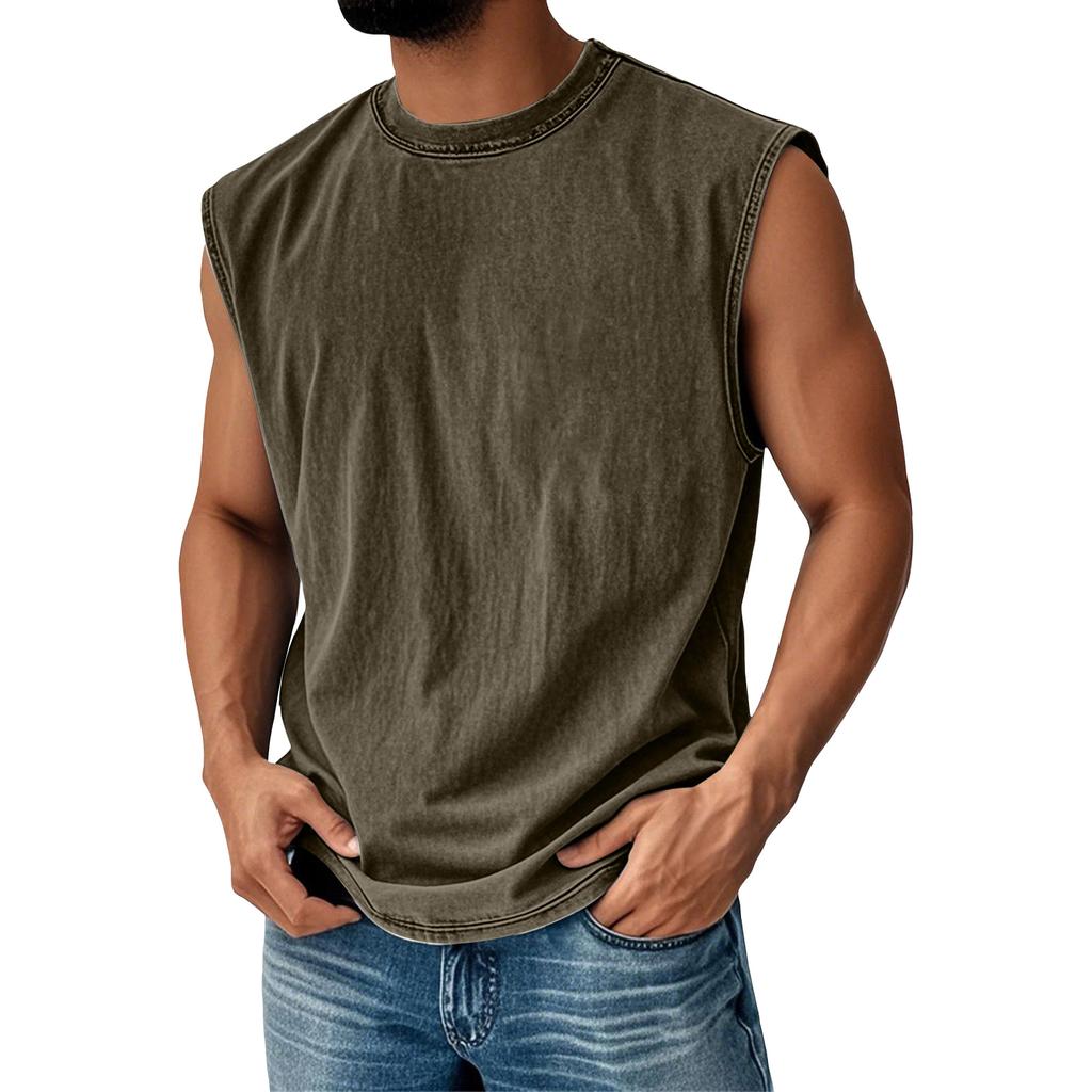 Men Sleeveless Washed Tank Top Casual Relaxed Fit Crew Neck Muscle Tee Athletic Workout Shirt for Everyday Wear