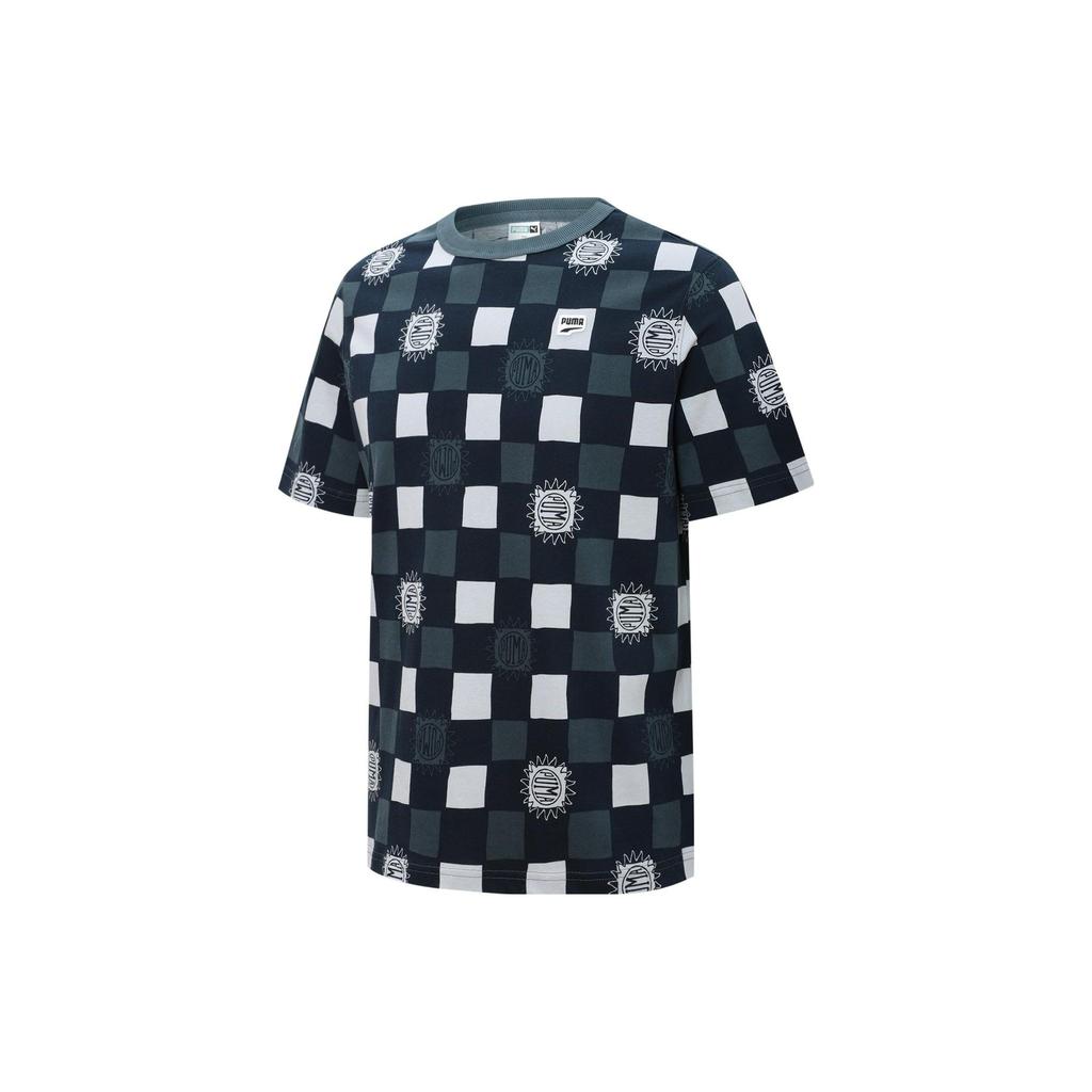 Puma Downtown Aop Tee Round Neck Plaid Short Sleeve T-shirt Men Tops Gray Blue 535365-42