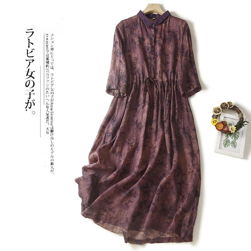 

Ретро Фиолетовое Платье из Рами с Принтом Женское Летнее С Рукавом Пять Точек Воротник Талия Темперамент Миди Юбка s