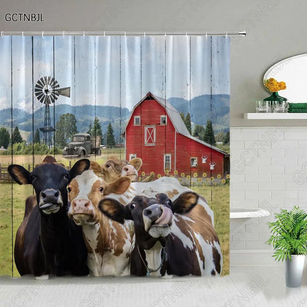 Funny Highland Bull Shower Curtains Set Western Bull Portrait Brown Wood Panel Rustic Landscape Barn Bath Curtain Bathroom Decor