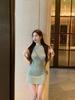 Pure desire neck knitted dress women's summer temperament green spice girl hip wrap short skirt slim waist short skirt women's clothing
