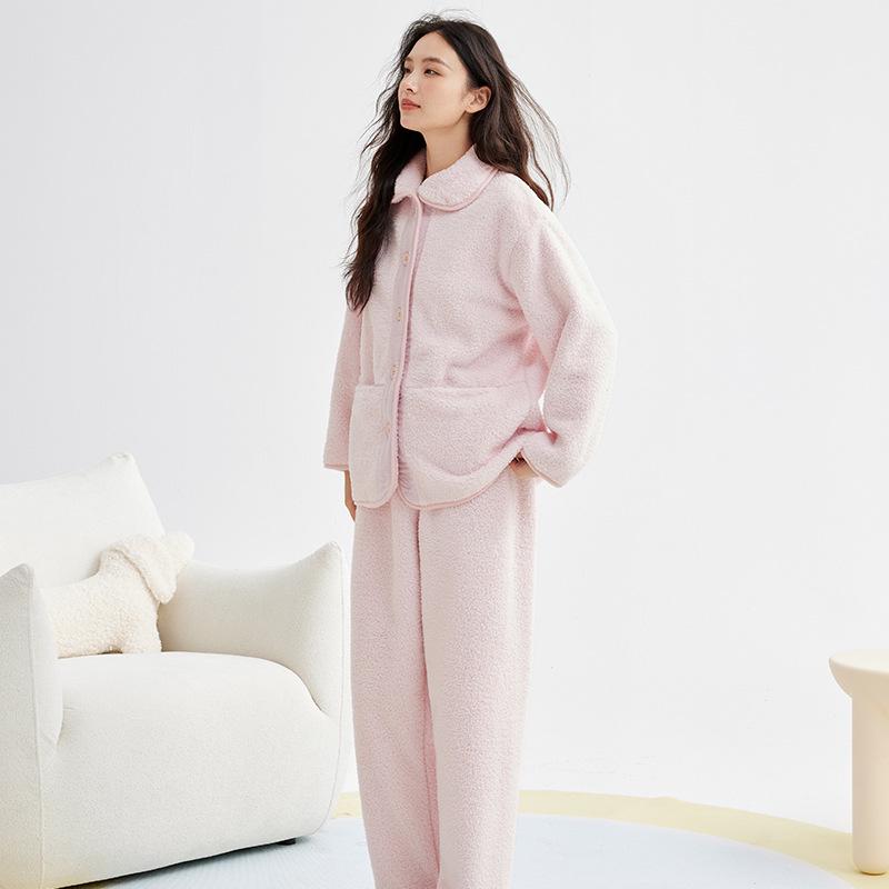 

Женский пижамный комплект из кораллового флиса - Плотный, Теплый, Однотонный для пар (Осень зима) L (Women 110-130 jin)