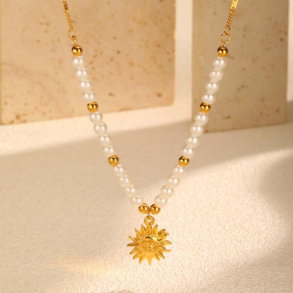 Pearl Beaded Pendant Necklace Stainless Steel 18K PVD Gold Plated Waterproof Tarnish Free Sun Shell Heart Zircon Choker Jewelry