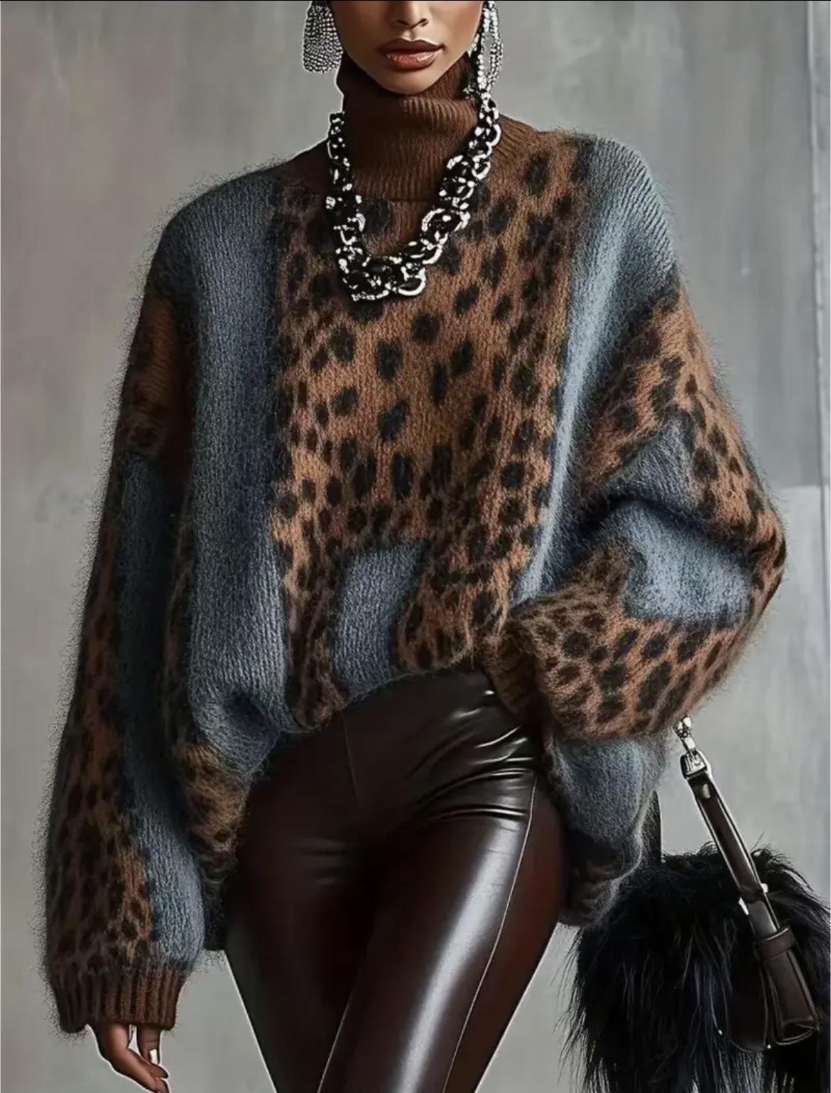

Two-Tone Round Neck Sweater with Leopard Print S светло-коричневого