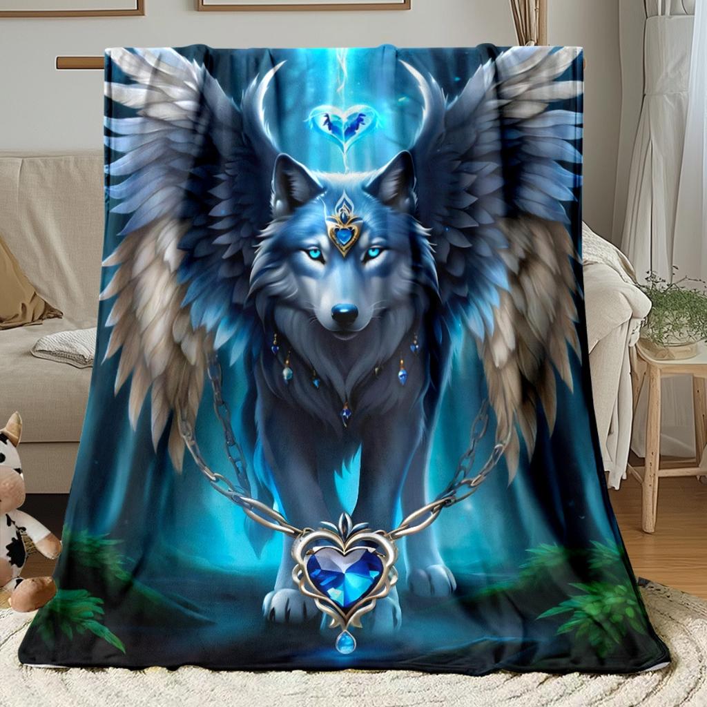 1pc Winged Wolf & Wolf with Glowing Blue Eyes - Northern Lights Night Scene Flannel Blanket - Extra Large Throw for Bed, Sofa, C