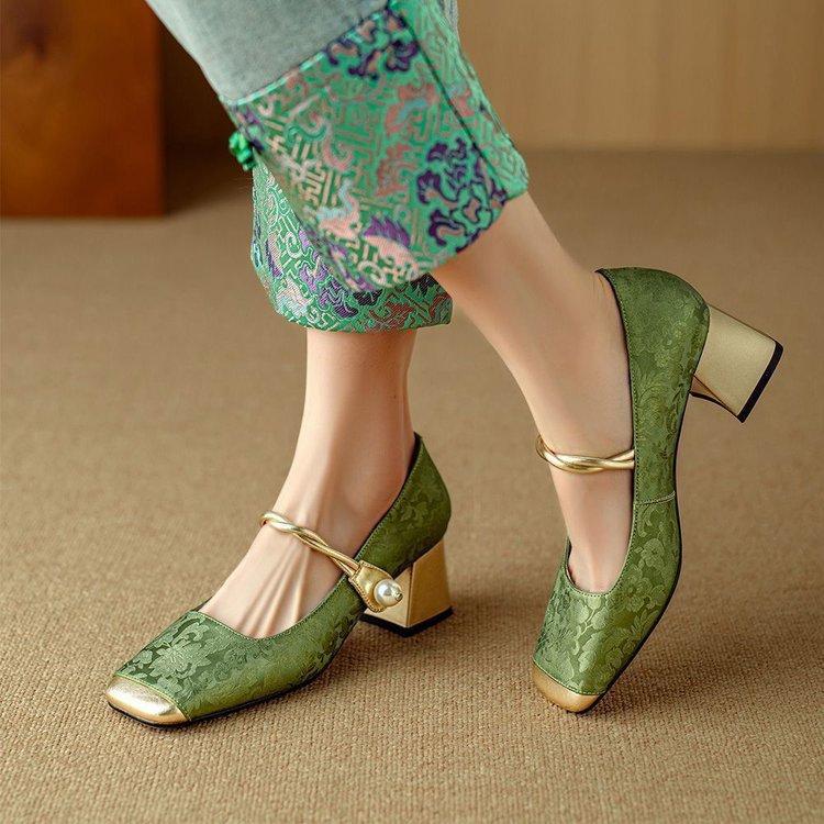 Spring high heels women's one-word single shoes new Chinese style color matching square head Mary Jane shoes French pearl thick heel