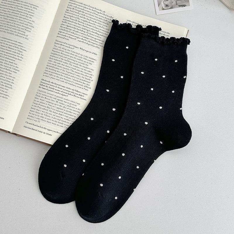 Black Fungus Polka Dot Mid-calf Socks for Women, Cotton Socks for Autumn and Winter, Boneless Pile Socks for Trendy Ladies