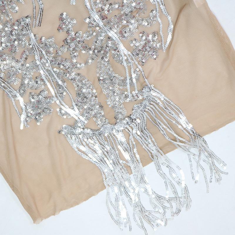 Damen Neues durchsichtiges Kleid mit Perlen und Quaste, sexy Paket, hüftschlank, ärmelloser Rock