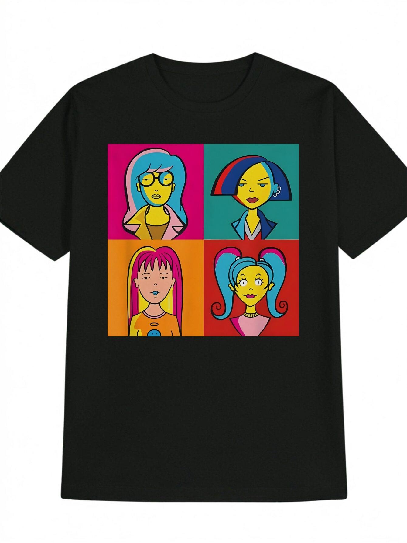 

Casual Graphic Print Round Neck T-shirt - Black with 4-Color Cartoon Character Design XXL