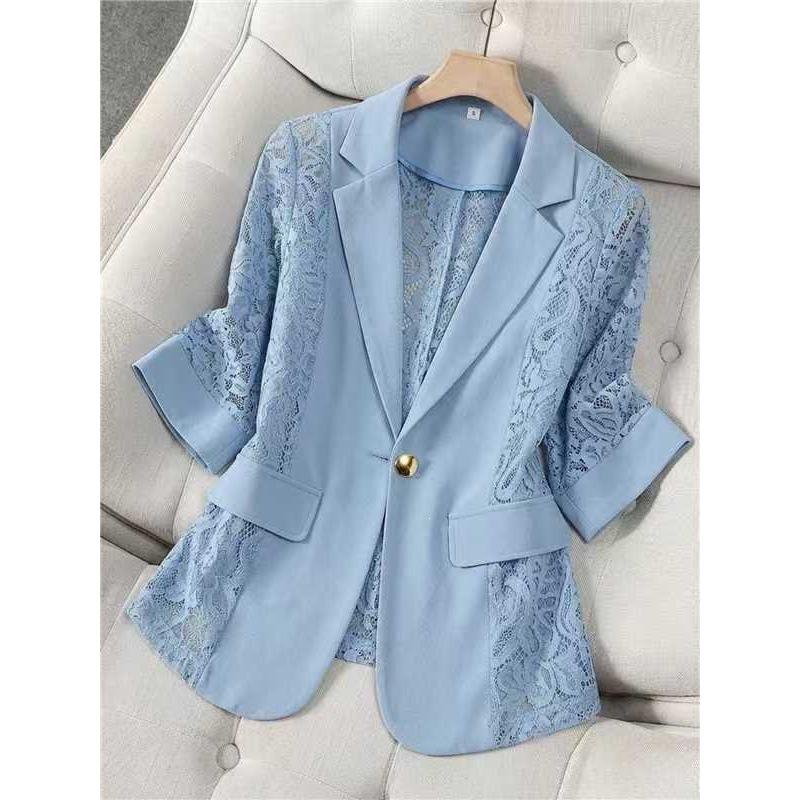 Women's Notched Lapel 3/4 Sleeve Lace Patchwork Blazer Regular Fit Elegant Office Jacket