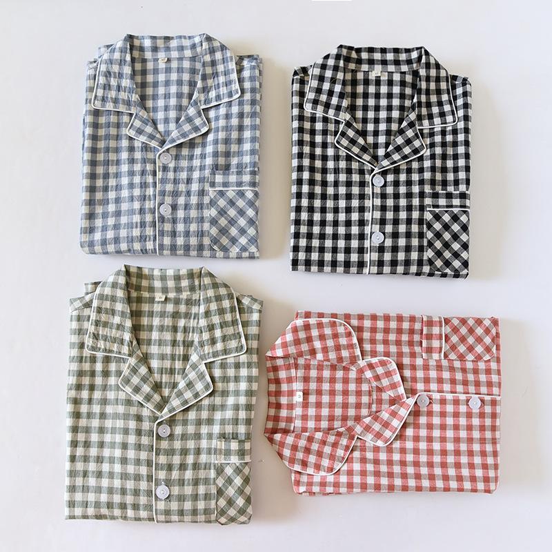 Japanese Spring Autumn Couple Pajama Set 100% Cotton Men's and Women's Plaid Long Sleeve Two Piece Home Furnishing