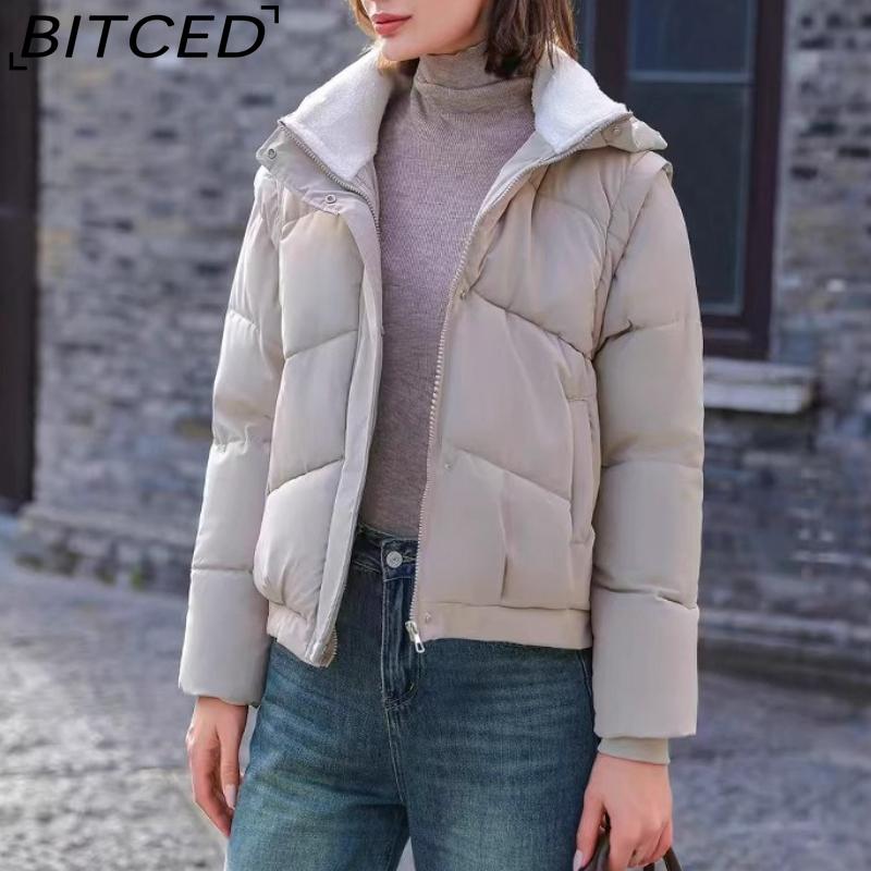 BITCED Lambswool Hooded Down-Filled Quilted Jacket for Women Winter Fashion Sweet Style with Detachable Sleeves Slimming Puffer Coat