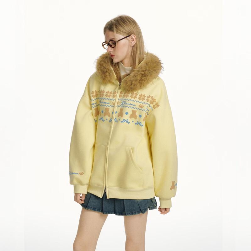 BEETLE TOWN Fair Isle Bear Detachable Faux Fur Collar Cardigan Hoodie M