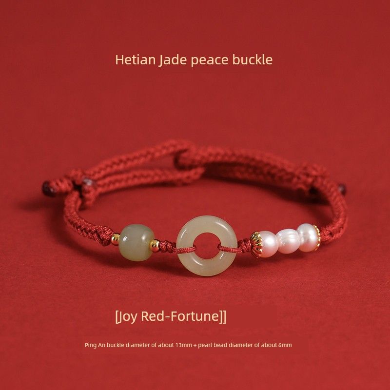 

Браслет с пряжкой безопасности из нефрита Хэтянь, женский плетеный ручной ремешок, безопасный, приносящий удачу, жемчужина, парный, красная веревочка, мужской, животное года, бусина удачи Joy red-Hetian Jade peace buckle pearl bracelet