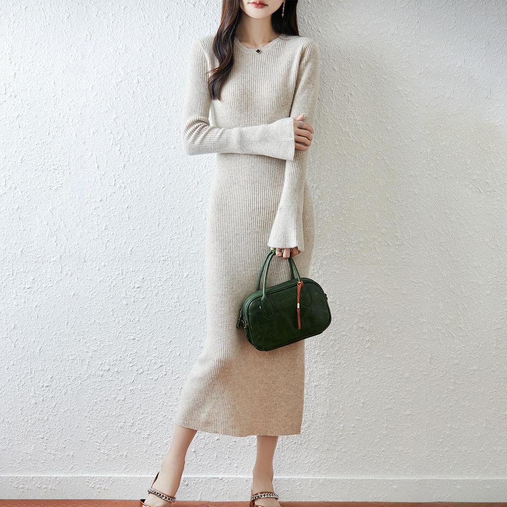 100% Pure Wool Women's Round Neck Slimming Knee-Length Dress for Autumn/Winter.
