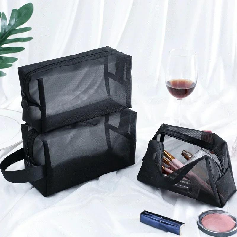 Borsa per trucco in rete nera Borsa per cosmetici trasparente da donna Borse portaoggetti portatili di piccole dimensioni da viaggio Custodia per asciugamani da viaggio