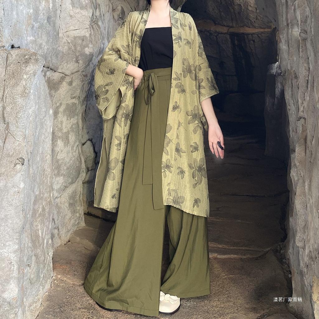 Women's 3-Piece Chinese Hanfu Set, Printed Open Front Cardigan & Wide Leg Song Pants, Zen Style Daily Wear Outfit