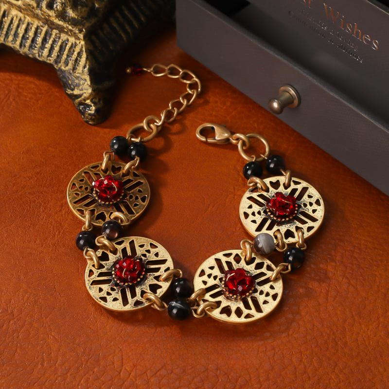 Fashion Retro Style With Auspicious Patterns Glass Flower Women'S Necklace Earrings Bracelet Jewelry Set