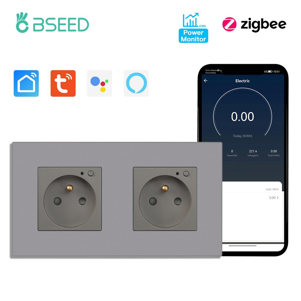 BSEED Zigbee French Smart Socket Doubel Wall Sockets Power Monitor Outlets Tuya Smart Life Alexa App Control Plastic Panel 16A