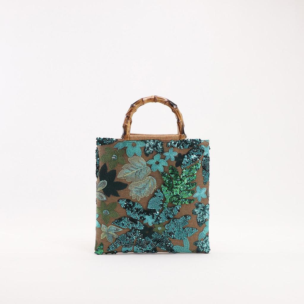 2024 Women's Cross-border Linen Bamboo Handbag with Embroidery and Sequins