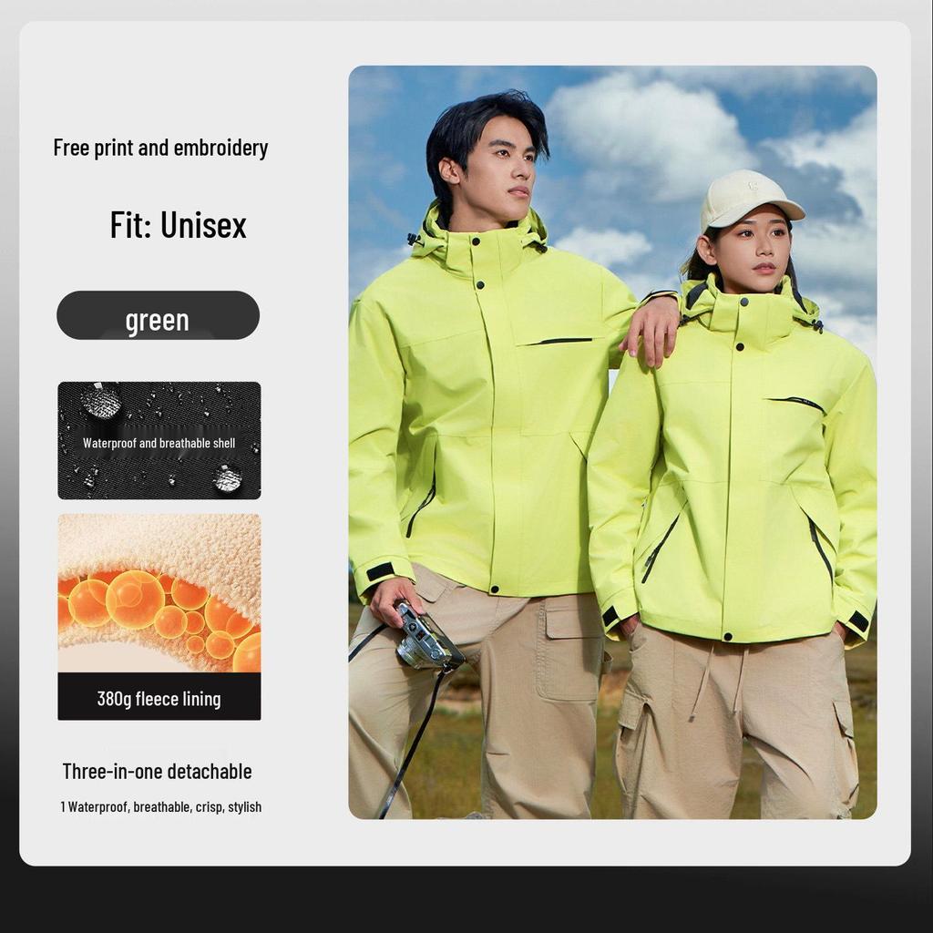 Customizable Three-in-One Mountaineering Jacket, Autumn/Winter Corporate Teamwork Detachable Plus Velvet Workwear with Print Logo