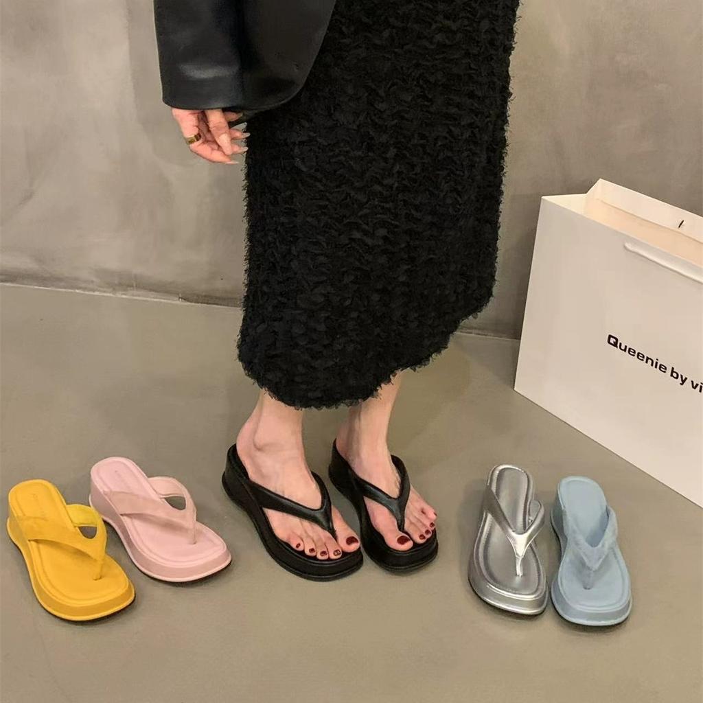 Wedge Heel High Heel Silver Pinch Flip-flop Shoes Women's Shoes Outer Wear 2025 Summer Platform Heightening Shoes Sandals