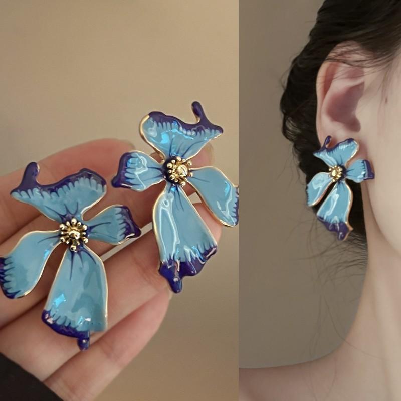Dripping oil blue flower earrings high sense temperament versatile new stud earrings fashion Internet celebrity niche earrings women