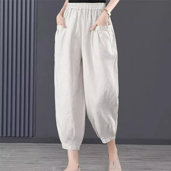 Summer Casual Cotton Linen Trousers Women's Loose Harem Pants with Retro Pockets Women's Solid Color Trousers with Elastic Waist Band