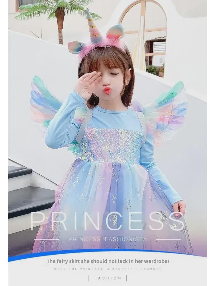 Sukienka księżniczki Aishy na Boże Narodzenie: Jednorożec tęczowy i śnieżny wzór dla dziewczynek