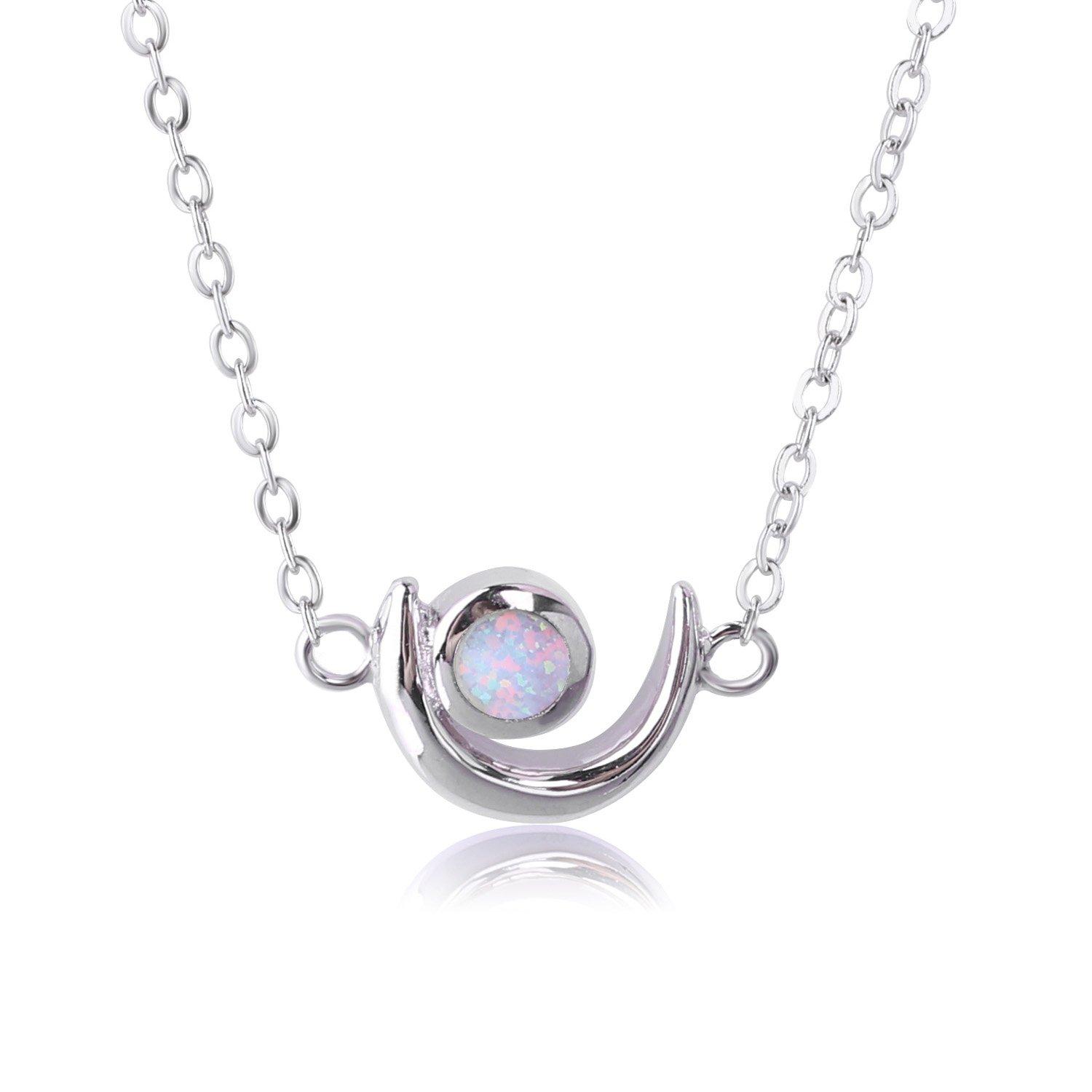 KELITCH Women s Choker Necklace with Synthetic Opal & Moon Oval Pendant (16-18 inch) Chain (White)