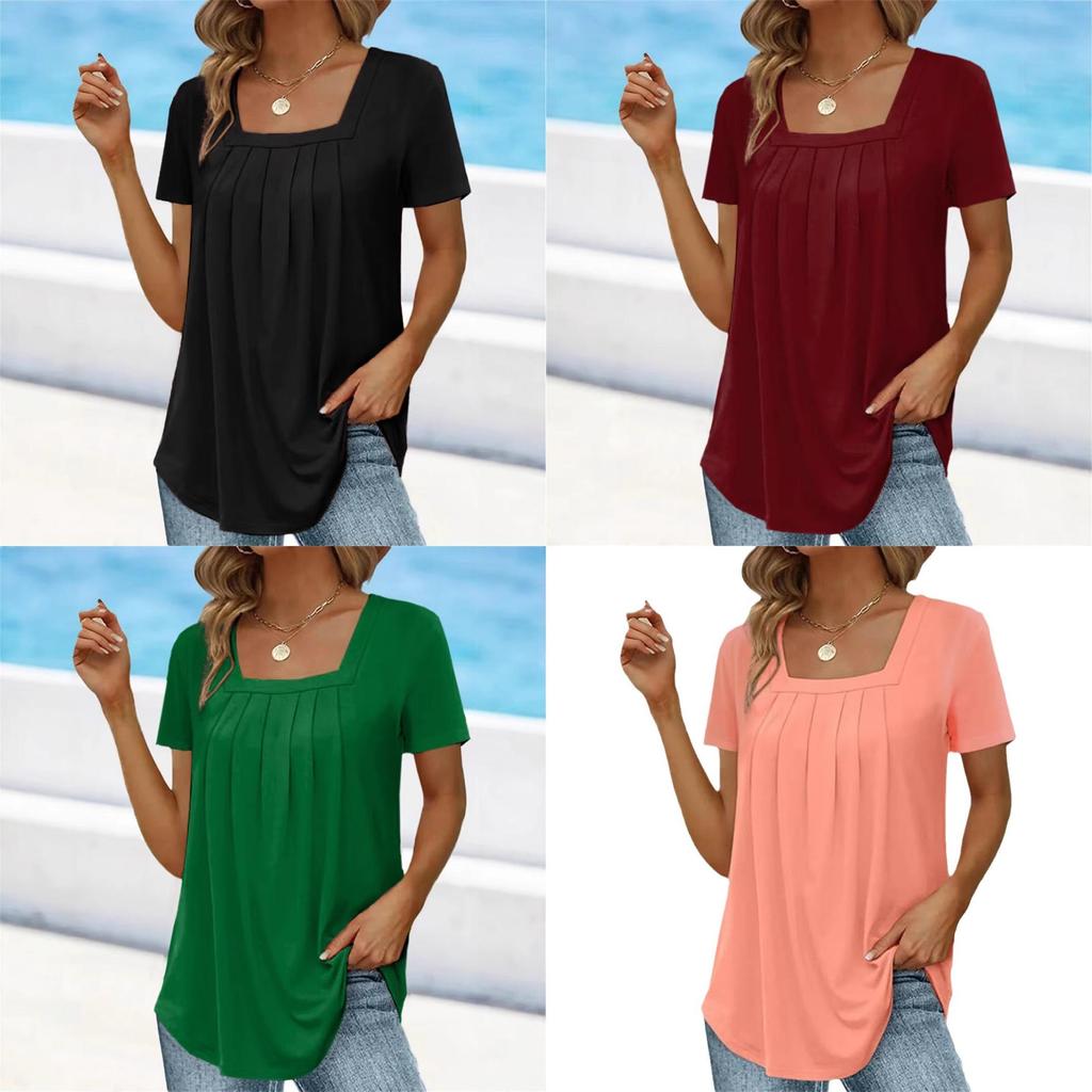 Summer Girl Style Pleated Square Neck T Shirt With Cotton Blend For Casual Wear