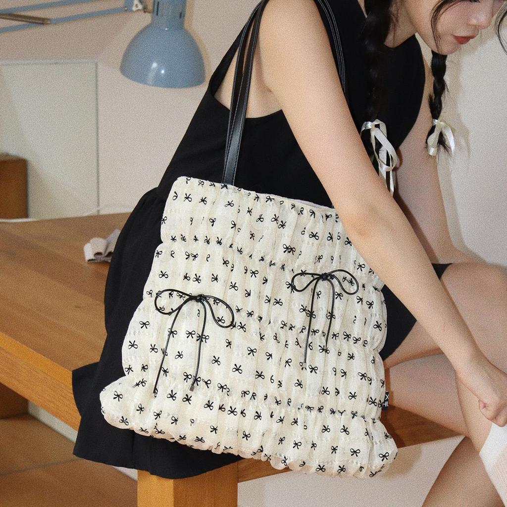 JIAERDI Beige Sweet Cute Bow Tote Bag Women Print Wrinkle Large Capacity Shoulder Bag Ladies Harajuku Y2k Aesthetic Underarm Bag