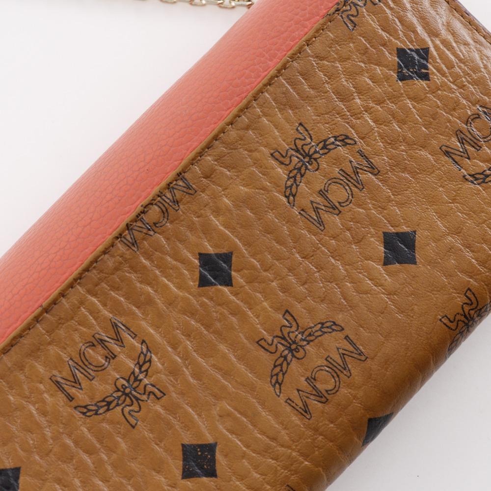 MCM Patricia Kette Brieftasche Colorblock Vicetos Braun / Rosa Leder/PVC Damen Gebraucht